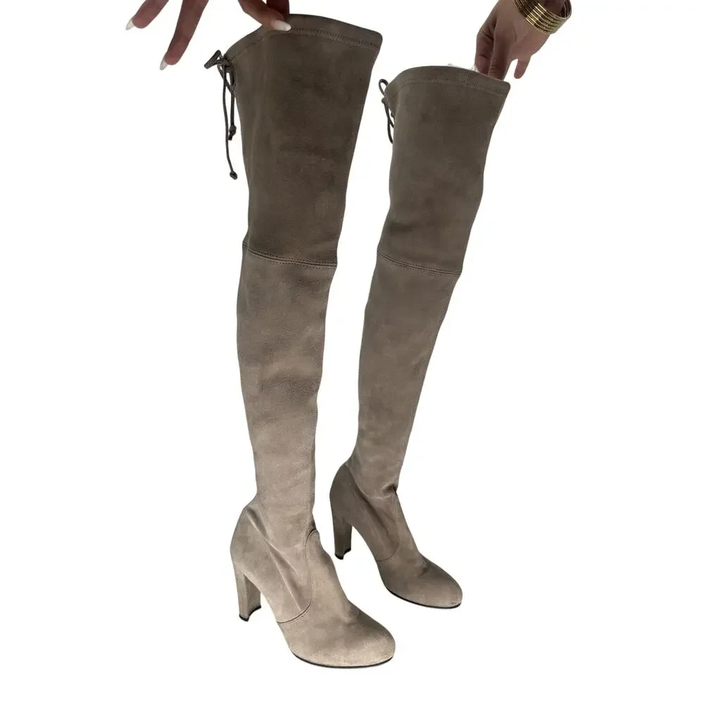Stuart Weitzman Suede Highland Over-The-Knee Heeled Boots Gray Women's Size 5.5